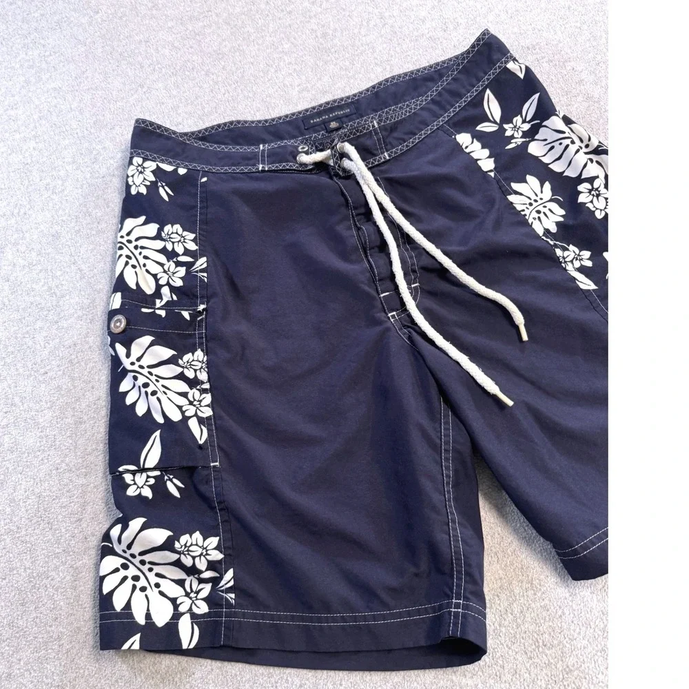Banana Republic Board Shorts Mens 35 Navy Blue Floral‎ Hibiscus Tropical Surf